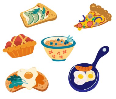 Breakfast set of food. Porridge with berries, avocado sandwich, scrambled eggs, pizza and pie. Various tasty food. Vector hand draw cartoon illustration. vector Breakfast set of food. Porridge with berries, avocado sandwich, scrambled eggs, pizza and pie. Various tasty food. Vector hand draw cartoon illustration. vector