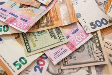 Farklı ülkelerden gelen para. Euro ve Hryvnia banknotları. finans kavramı