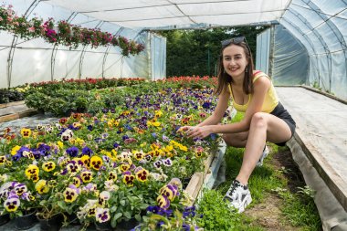 Çiçek serasında kameraya poz veren güzel genç bir kadın. Güzellik