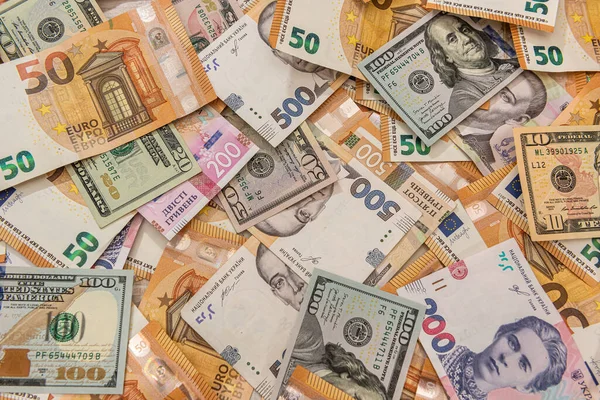 Φόντο Από Διαφορετικά Χρήματα Ευρώ Και Δολάρια Εθνικού Νομίσματος Έννοια — Φωτογραφία Αρχείου