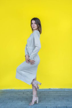 Sarı arka planda bej rengi klasik takım elbiseli güzel bir kadının portresi.