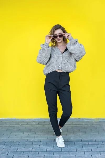 Modelo Feminino Positivo Posando Camisola Malha Cinza Óculos Sol Perto — Fotografia de Stock