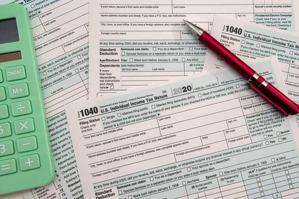 Daňový Čas 2021 1040 Plnicí Pero Kalkulačka Papírování — Stock fotografie