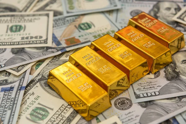 Grande Banco Barras Ouro Bullions Notas Dólares Conceito Poupança — Fotografia de Stock