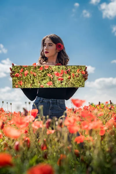 Молодая Красивая Женщина Наслаждается Летним Временем Цветочном Поле Мака Свобода — стоковое фото