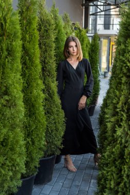 Beyaz sedir (Thuja occidentalis) yakınlarında poz veren siyah elbiseli çekici bir kadın. 