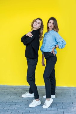 Moda kız arkadaşları, arka plan olarak sarı duvara örülmüş modern süveter giyerler..