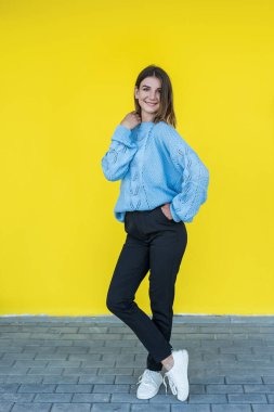 Sarı duvarda mavi kazaklı, gülümseyen güzel kadın portresi.