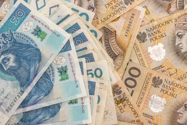 Farklı Polonya paraları yığını. Kapat. finansal kavram