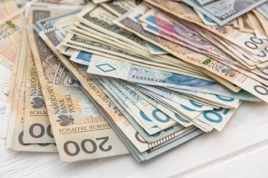 Bir yığın dolarımız ve zloti banknotlarımızı arka plan olarak parlatacağız. yatırım