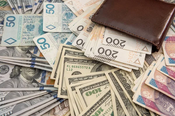 Dollaro Usa Con Polacco Zloty Fatture Portafoglio Business Sfondo Scambio — Foto Stock