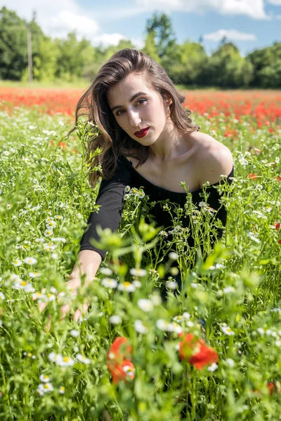 Krásná Dívka Květinovém Poli Slunečný Den Letní Čas — Stock fotografie