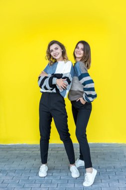 Sarı duvar stüdyo resmine izole edilmiş modern örgü süveterlerle poz veren genç kızlar.