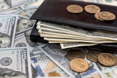 Amerikan doları ve sentleri koyu deri cüzdanda. Ticari mali konsept.