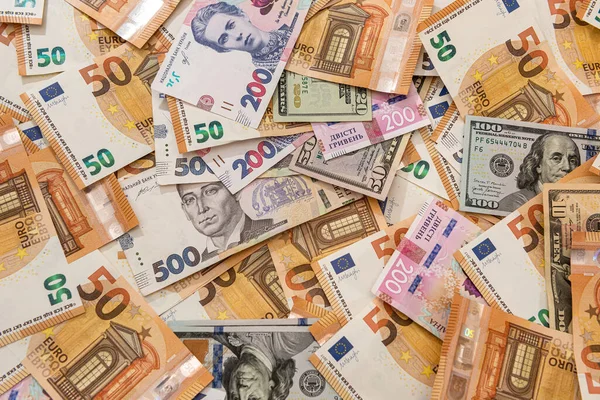 Деньги Разных Стран Гривна Доллары Евро Качестве Финансового Фона — стоковое фото