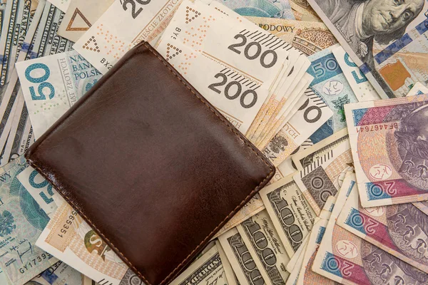Доллар Сша Польскими Злотых Векселей Бумажник Бизнес Фон Обмен — стоковое фото