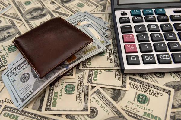 Долари Рахунки Гаманці Калькулятором Концепція Фінансового Бізнесу — стокове фото