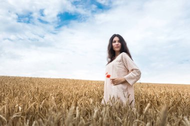 Modaya uygun giyinmiş güzel bir model buğday tarlasında yürüyor. Yaşam tarzının tadını çıkar
