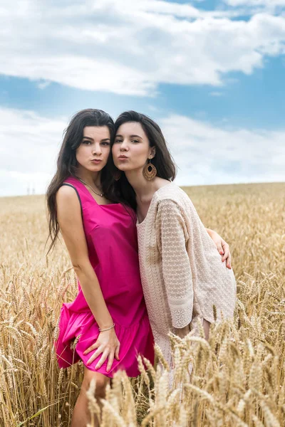 Duas Mulheres Vestido Beleza Possuindo Campo Trigo Dia Verão — Fotografia de Stock