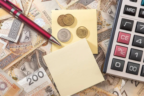 Концепція Бухгалтерського Обліку Польські Долари Злоті Калькуляторною Ручкою Банкнотою — стокове фото