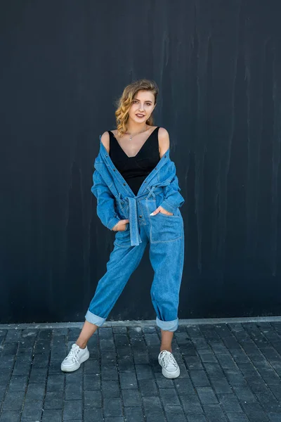 Pretty Young Woman Blue Workwear Coveralls Isolated Black Background Female — Stock Photo, Image