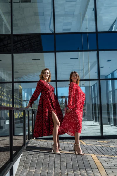 Dışarıda Poz Veren Kırmızı Elbiseli Iki Çekici Kadın Yaşam Biçimi — Stok fotoğraf