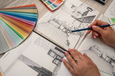 El çizimi ev çizimi planı mavi baskı ve iş için renk seçer