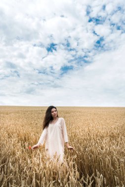 Modaya uygun giyinmiş güzel bir model buğday tarlasında yürüyor. Yaşam tarzının tadını çıkar
