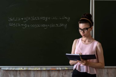 Matematik formülleri yazan kadın öğretmen. eğitim kavramı