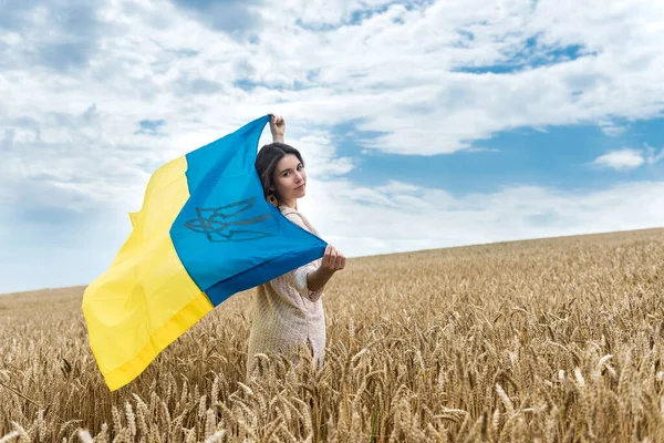 Meisje Met Vlag Van Oekraïne Loopt Een Veld Van Rijpe — Stockfoto