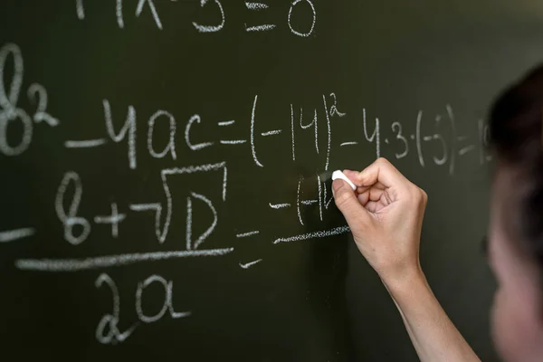 Young Student Explain Solving Hight Math Formula Blackboard — Stockfoto