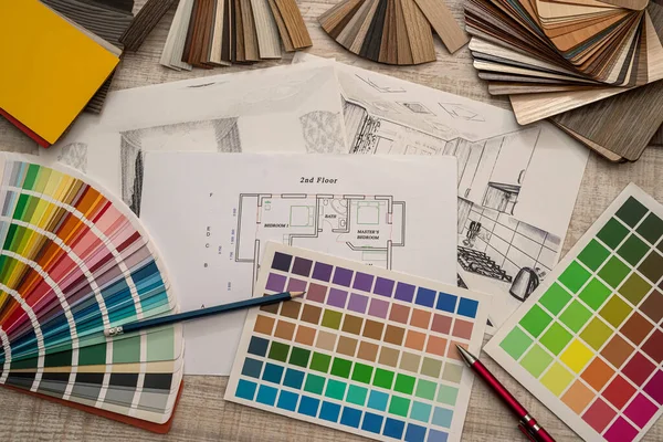 Desenho Casa Com Amostras Cor Lápis Para Renovação Indústria — Fotografia de Stock