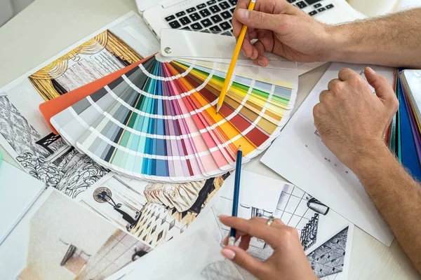Close Human Hands Showing Colour Sampler Sketch Interior — Stock Photo, Image