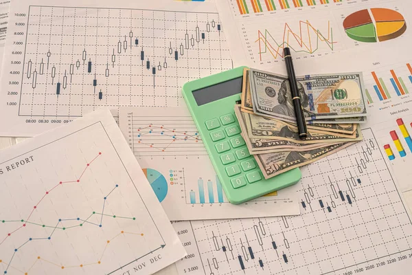 Business Charts Projects Include Calculator Dollar Bills Pen Business Concept — Fotografia de Stock