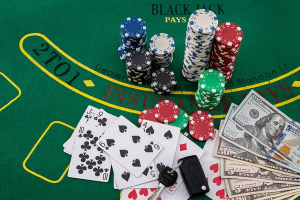 Poker Green Table Chips Cards Car Keys Poker Concept — Fotografia de Stock