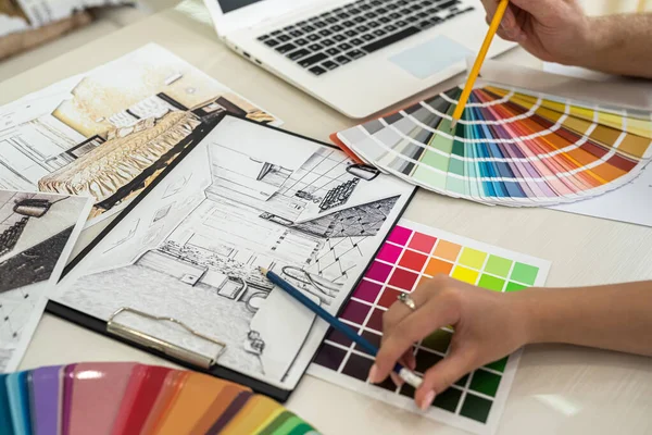 Indoor Interior Colours Choosing Designers Workplace — Stock Photo, Image