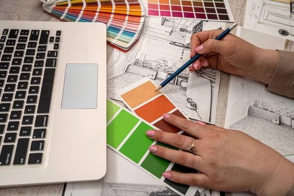 Dibujo Mano Plano Del Boceto Casa Impresión Azul Elige Color — Foto de Stock