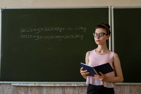Leraar Geschreven Het Schoolbord Wiskundeformules Algebra — Stockfoto