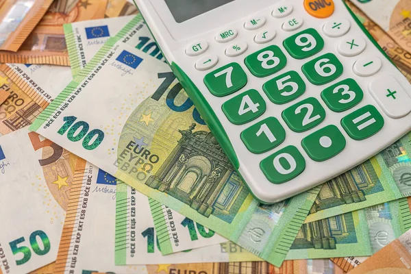 New Blank Calculator Green Buttons Lies New Euro Banknotes Business — Stock Photo, Image
