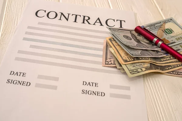 Contract Pen Dollar Bills Lie Wooden Table Business Concept — Stockfoto