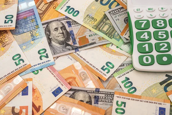 Калькулятор Долар Євро Рахунки Обмінні Гроші Концепція Фінансів — стокове фото