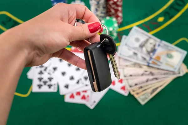 Green Poker Table Cards Dollars Chips Woman Hand Holds Key — Stock Photo, Image