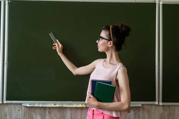 Beautiful Young Female Teacher Student Standing Empty Blackboard — 图库照片