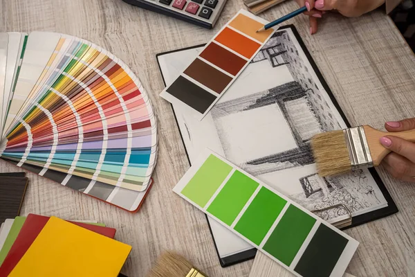 Architectural Plan Color Sample Palette Designer Working Renovation Concept — Foto Stock