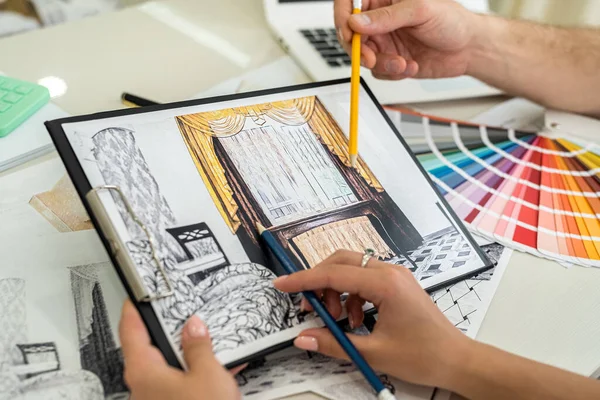 Sketch Home Interior Close Designer Hands — Stock Photo, Image