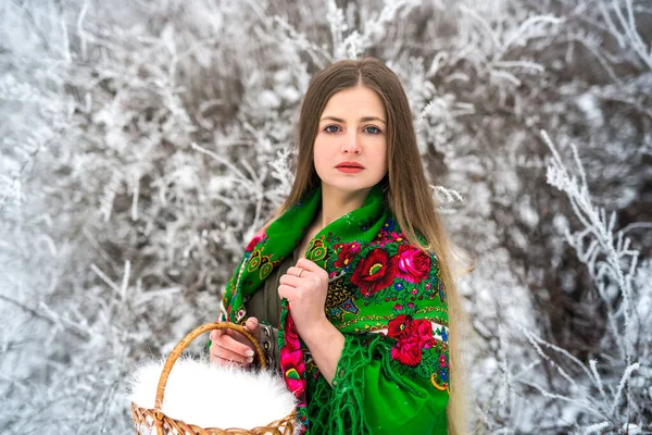 Bonita Mujer Drress Verde Cesta Día Invierno —  Fotos de Stock