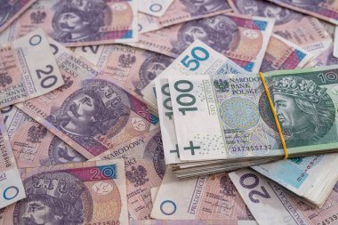 Polonya 'nın parası olarak Zl, bir yığın banknot. farklı faturalar, finansal konsept