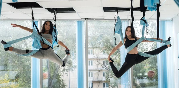 Duas Belas Mulheres Roupas Treino Sportswear Para Treinamento Mostram Diferentes — Fotografia de Stock