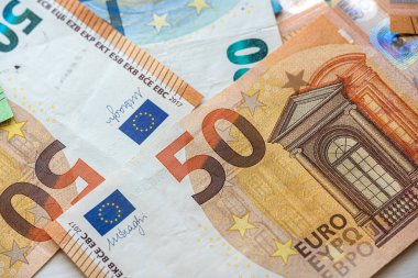 Renkli euro banknotları, üst görünüm. para arkaplanı