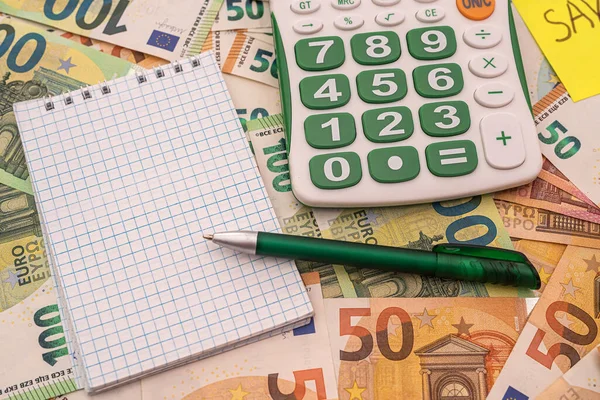 Текстова Заробітна Плата Меморіалі Калькулятором Євро Грошима Фінансова Концепція — стокове фото